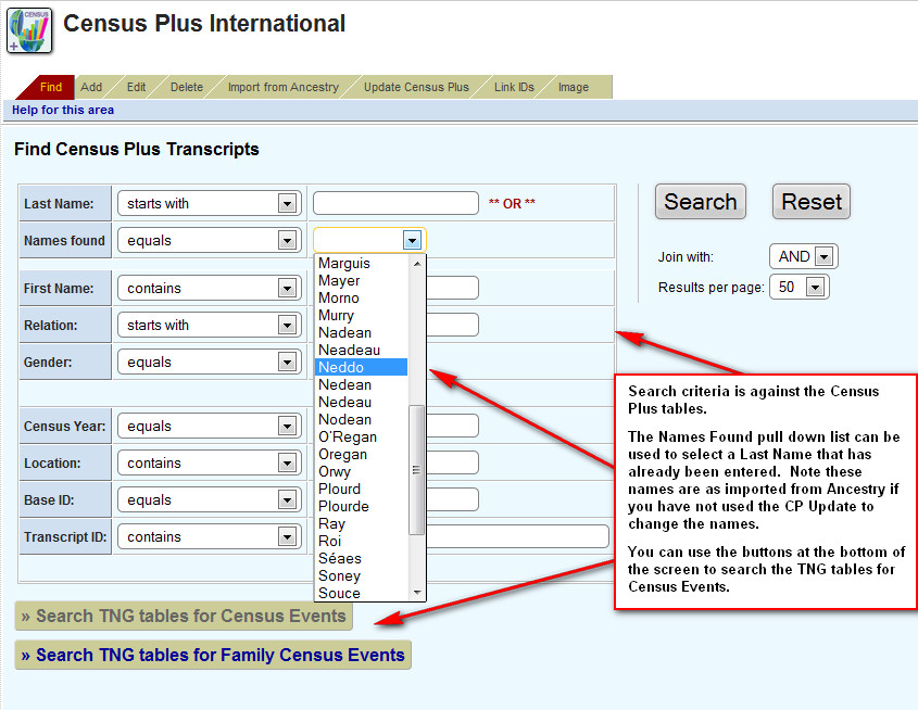 Census Plus International screen with various tabs